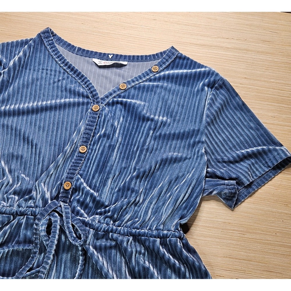 PatPat Dress Womens XL Blue Ribbed Velvet Short Sleeve Button Front Tie Waist